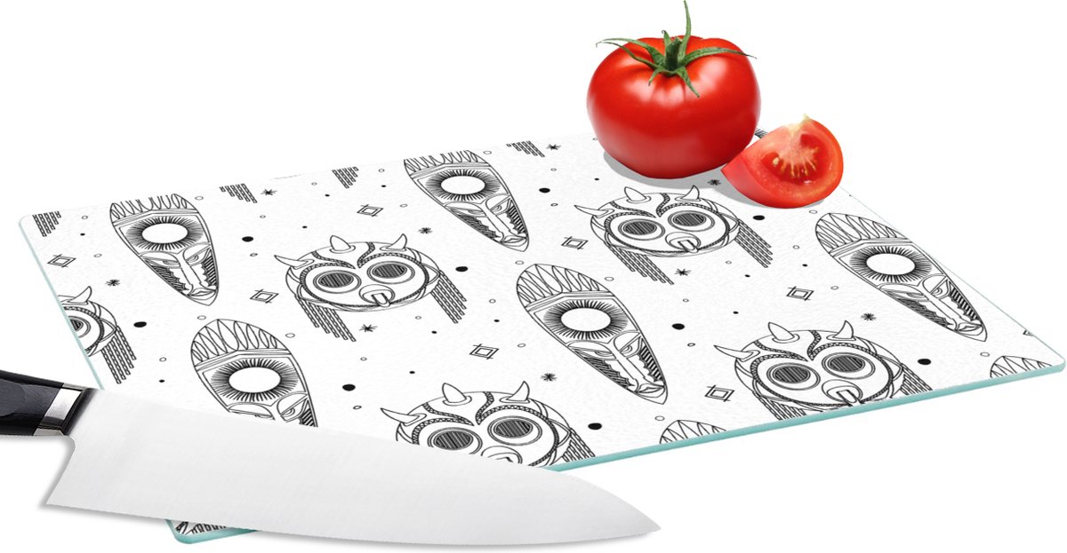 Glazen Snijplank - 28x20 - Maya - Maskers - Zwart-Wit - Patroon - Snijplanken Glas