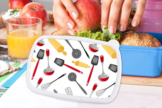 Broodtrommel Blauw - Lunchbox - Brooddoos - Patronen - Keukengerei - Spatel - Deegroller - 18x12x6 cm - Kinderen - Jongen