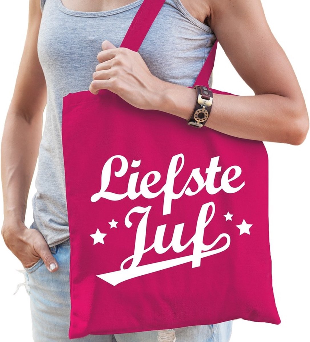 Liefste juf katoenen kado tas fuchsia roze - Jufdag / einde schooljaar cadeau