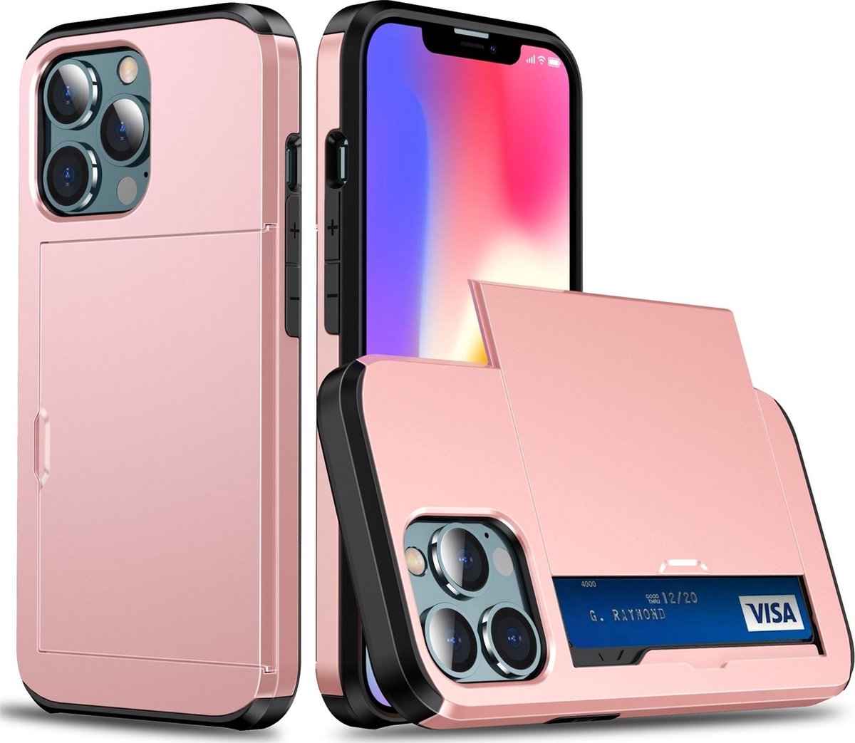 Mobigear Card Telefoonhoesje geschikt voor Apple iPhone 13 Pro Max Shockproof Hardcase Hoesje + Kaarthouder - Roségoud