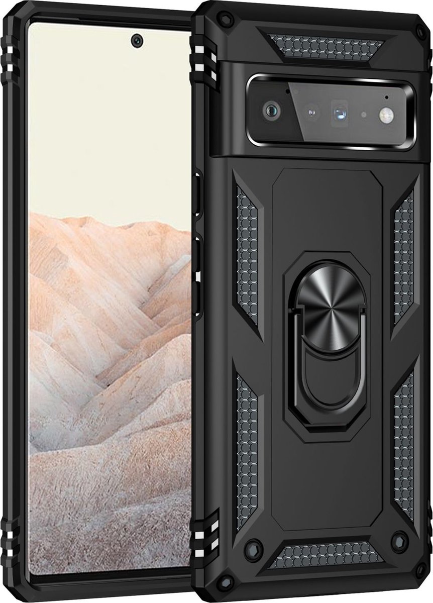 Mobigear Hoesje geschikt voor Google Pixel 6 Pro Telefoonhoesje Hardcase | Mobigear Armor Ring Backcover Shockproof met Ringhouder | Schokbestendig Pixel 6 Pro Telefoonhoesje | Anti Shock Proof - Zwart