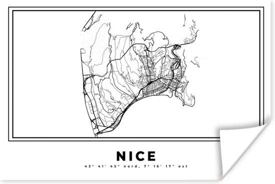 Poster Kaart – Stadskaart - Zwart Wit – Plattegrond – Nice – Frankrijk - 30x20 cm