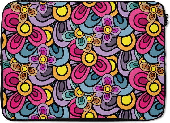 Laptophoes met felgekleurd bloemenpatroon in roze, paars, geel, blauw en oranje.