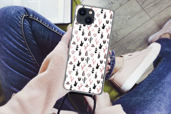 Coque avec cordon iPhone 13 - Meiden - Cactus - Rose - Motifs - Fille - Kids - Enfants - Siliconen - Bandoulière - Coque arrière avec cordon - Coque pour téléphone avec cordon - Coque avec corde