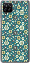 Geschikt voor Samsung Galaxy A12 hoesje - Retro - Bloemen - Patronen - Blauw - Siliconen Telefoonhoesje