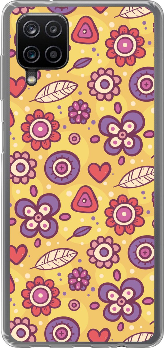 Telefoonhoesje Geschikt voor Samsung Galaxy A12 hoesje - Patroon - Bloemen - Paars - Oranje - Siliconen Telefoonhoesje Telefoonhoesje