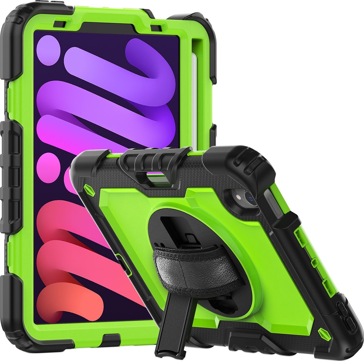 Mobigear SureGrip Xtreme - Apple iPad Mini 6 (2021) Hardcase Backcover + Stylus Houder + Schouderband + Standaard - Zwart / Groen