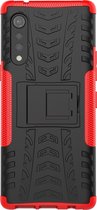 Mobigear Hoesje geschikt voor LG Velvet Telefoonhoesje Hardcase | Mobigear Tire Backcover Shockproof met Standaard | Schokbestendig Velvet Telefoonhoesje | Anti Shock Proof - Zwart / Rood