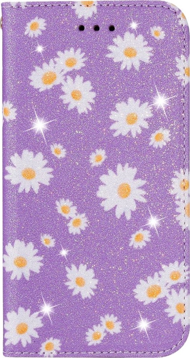 Mobigear Telefoonhoesje geschikt voor Apple iPhone 12 Pro Max Hoesje | Mobigear Daisies Bookcase Portemonnee | Pasjeshouder voor 2 Pasjes | Telefoonhoesje voor Pinpas / OV Kaart / Rijbewijs - Paars