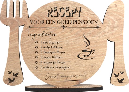 Recept pensioen - houten wenskaart - kaart van hout - VUT - pensionering -  17.5 x 25 cm | bol.com