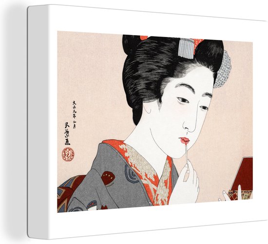 Canvas schilderij 160x120 cm - Wanddecoratie Vintage - Japans - Vrouw - Make up - Muurdecoratie woonkamer - Slaapkamer decoratie - Kamer accessoires - Schilderijen op canvas