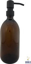 Zeepdispenser | Zeeppompje | Blanco | amber glas | 500ml | Zonder sticker | Mat zwart metaal pomp | Glas