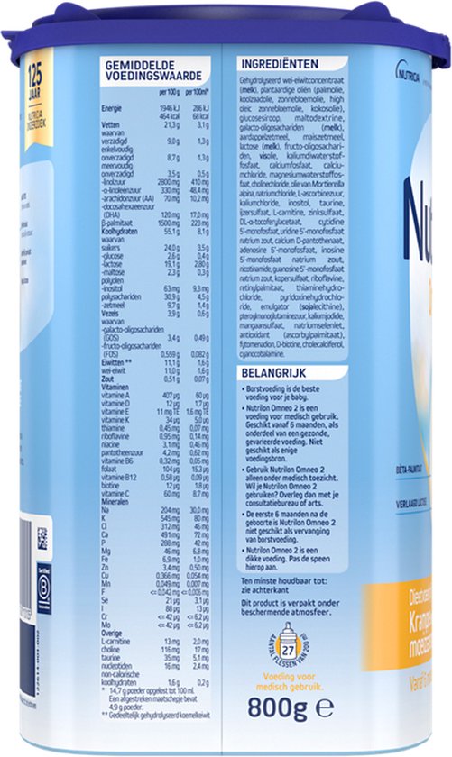 Voedingswaardetabel en ingrediënten op de Nutrilon Omneo 2 doos.