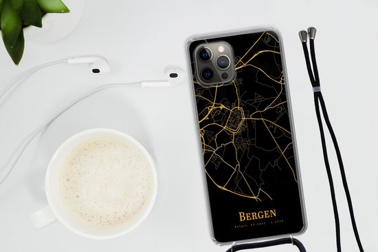 Telefoonkoord - Telefoonketting - Telefoonhoesje Geschikt voor iPhone 13 Pro - Bergen - Kaart - Goud - Siliconen - Crossbody - Telefoonhoesje met koord Telefoonhoesje