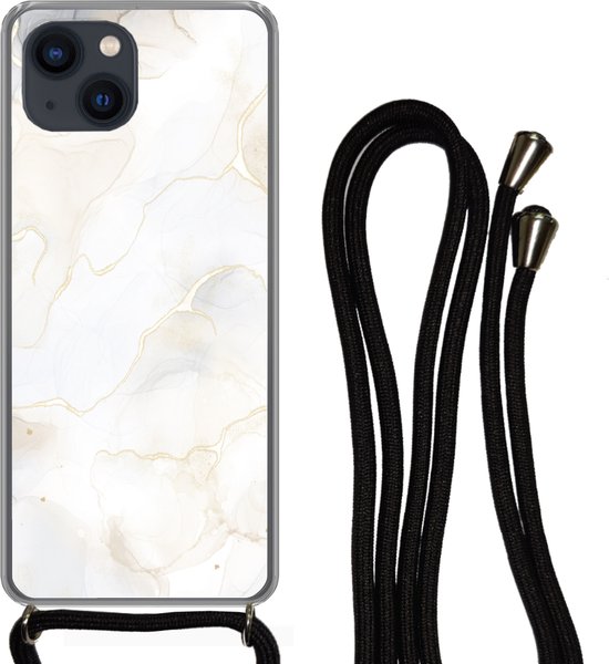 Cordon de téléphone - Chaîne de téléphone - Coque avec cordon iPhone 13 Mini - Marbre - Wit - Jaune - Siliconen - Bandoulière - Coque de téléphone avec cordon