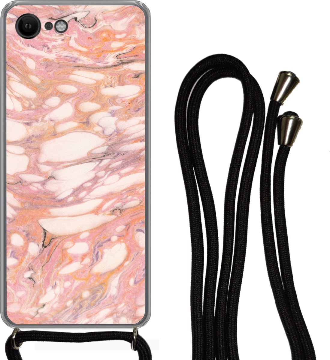 Telefoonkoord - Telefoonketting - Telefoonhoesje Geschikt voor iPhone 8 - Marmer print - Wit - Roze - Siliconen - Crossbody - Telefoonhoesje met koord Telefoonhoesje