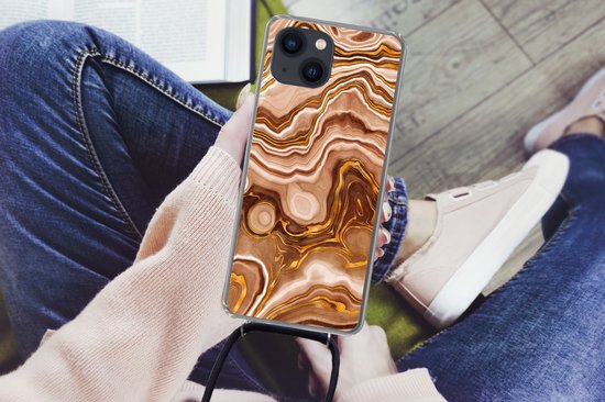 Coque avec cordon iPhone 13 - Marbre - Doré - Motifs - Siliconen - Bandoulière - Coque arrière avec cordon - Coque pour téléphone avec cordon - Coque avec corde