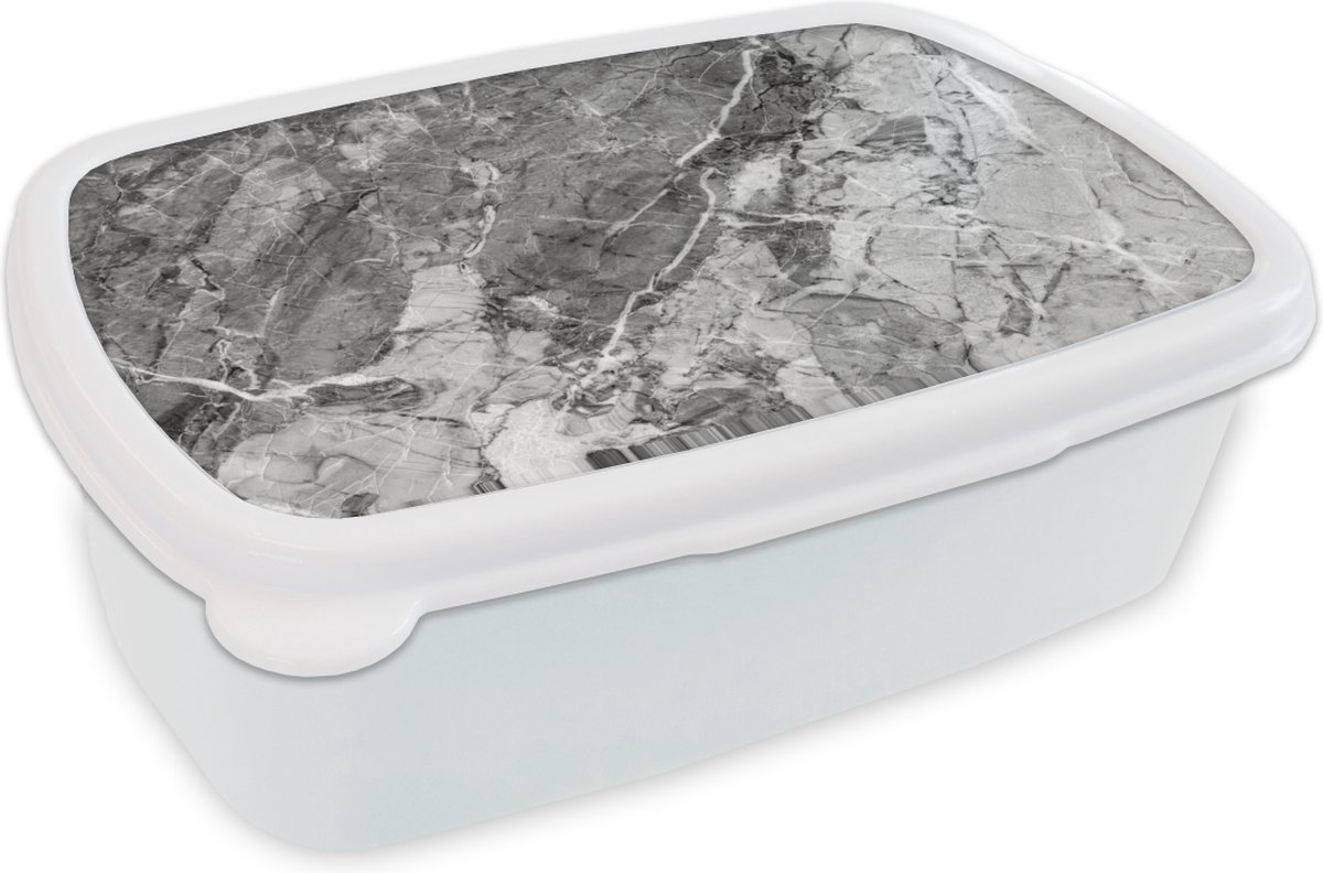 Broodtrommel Wit - Lunchbox - Brooddoos - Graniet - Kristal - Grijs - Wit - 18x12x6 cm - Volwassenen