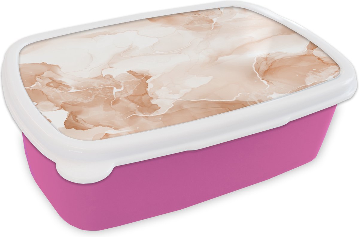 Broodtrommel Roze - Lunchbox - Brooddoos - Marmer - Rood - Wit - 18x12x6 cm - Kinderen - Meisje