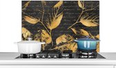 Spatscherm keuken 90x60 cm - Kookplaat achterwand Goud - Bladeren - Zwart - Muurbeschermer - Spatwand fornuis - Hoogwaardig aluminium