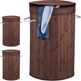 Relaxdays 3x wasmand bamboe - ronde wasbox met deksel - 63 x 40 cm - 65 liter - bruin