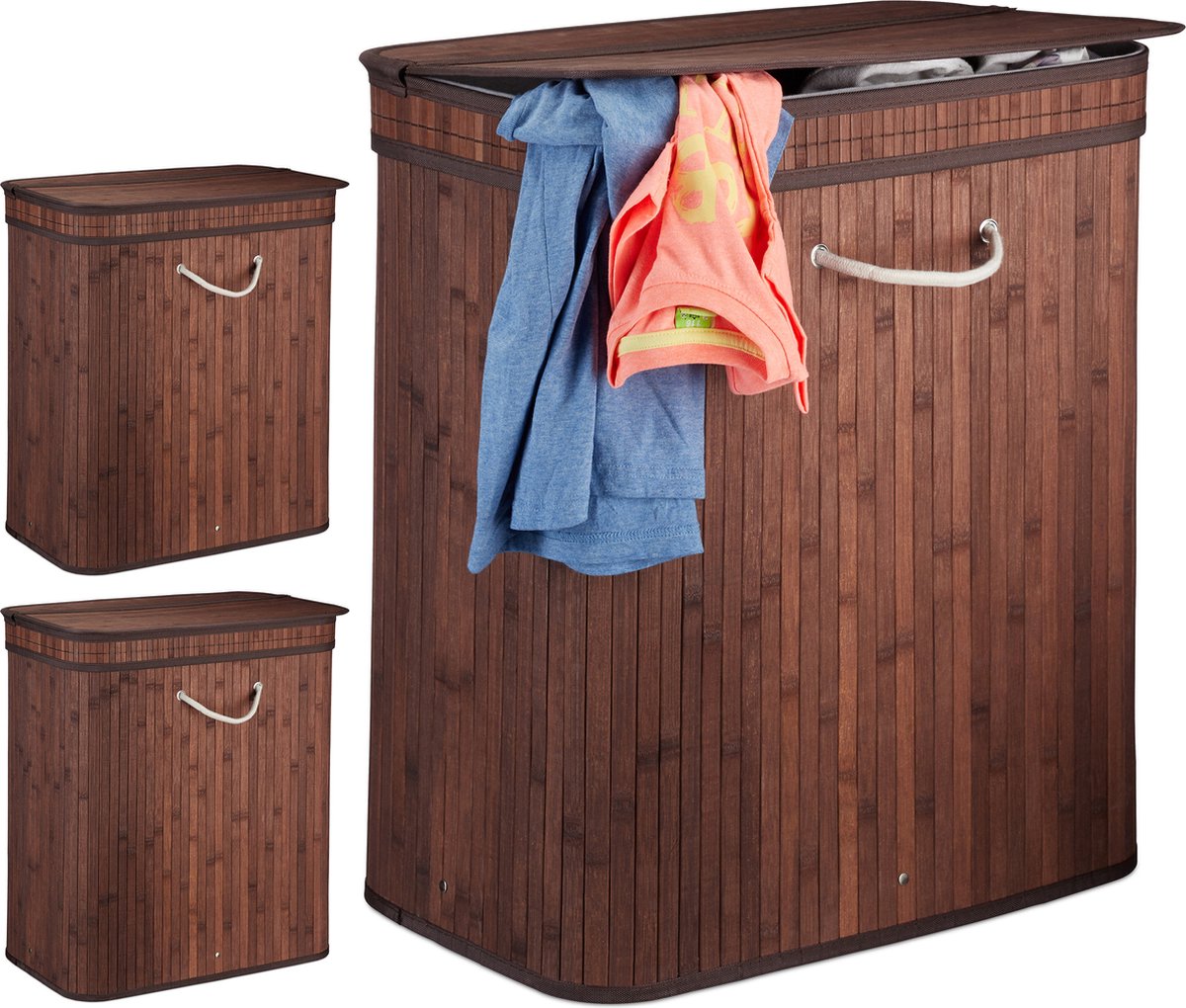 Goedkoopste 3x wasmand met deksel - 2 vakken - bamboe wasbox - mand voor wasgoed - bruin