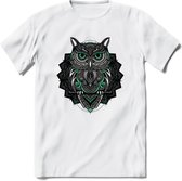 Uil - Dieren Mandala T-Shirt | Aqua | Grappig Verjaardag Zentangle Dierenkop Cadeau Shirt | Dames - Heren - Unisex | Wildlife Tshirt Kleding Kado | - Wit - XXL