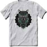 Uil - Dieren Mandala T-Shirt | Aqua | Grappig Verjaardag Zentangle Dierenkop Cadeau Shirt | Dames - Heren - Unisex | Wildlife Tshirt Kleding Kado | - Licht Grijs - Gemaleerd - XL