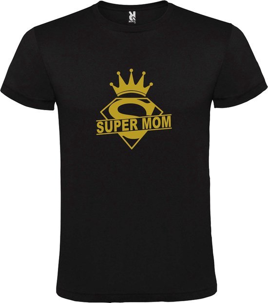 Zwart T shirt met print van "Super Mom " print Goud size S