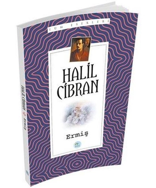 Boek met een paarse, golvende omslag en een portret van een man, getiteld 'Ermis' door Halil Cibran.