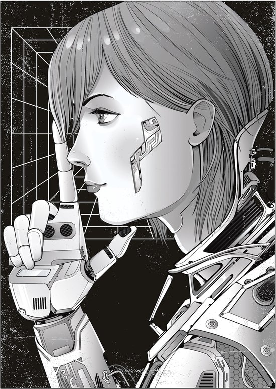 Poster - Cyberpunk Manga Stijl, zwart/wit, premium print