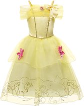 Belle jurk Prinsessen jurk verkleedjurk 128-134 (140) geel roze met broche + GRATIS haarband