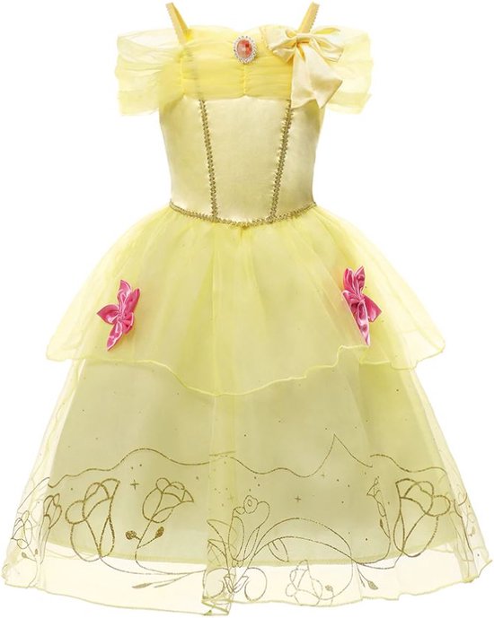 Belle jurk Prinsessen jurk verkleedjurk 128-134 (140) geel roze met broche + GRATIS haarband