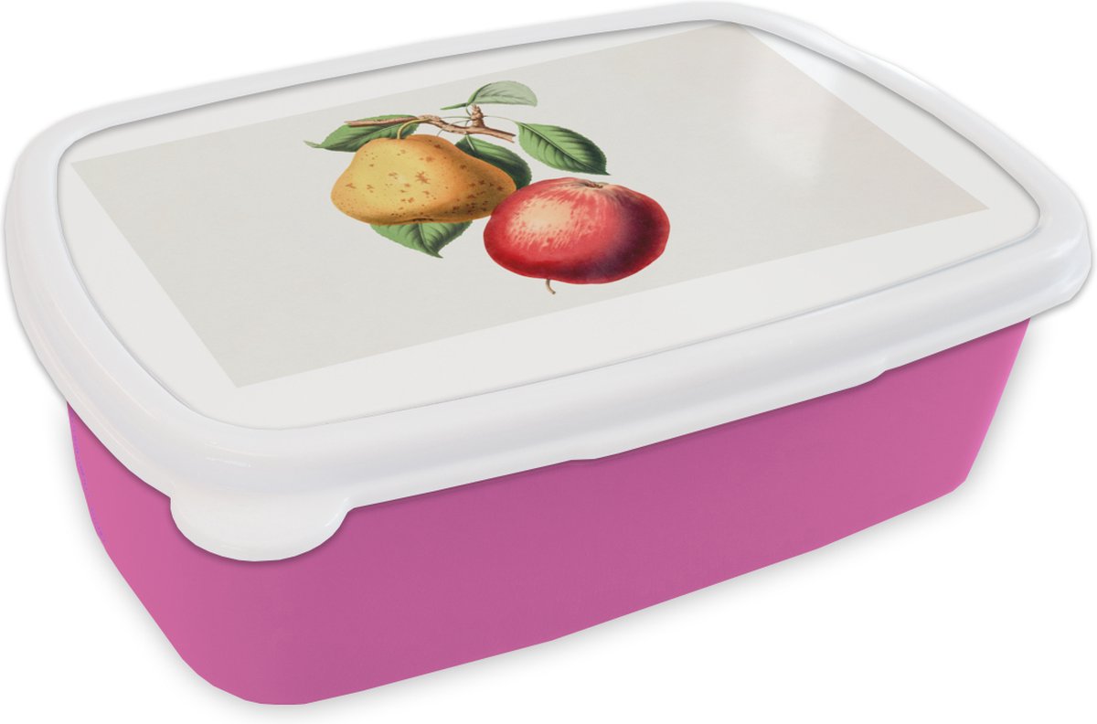 Broodtrommel Roze - Lunchbox - Brooddoos - Peer - Appel - Fruit - 18x12x6 cm - Kinderen - Meisje