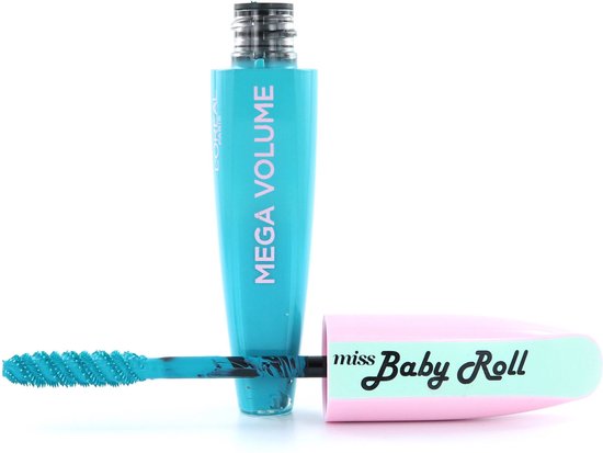 Open blauwe mascara met een roze borsteltje, dopje met 'miss Baby Roll'.