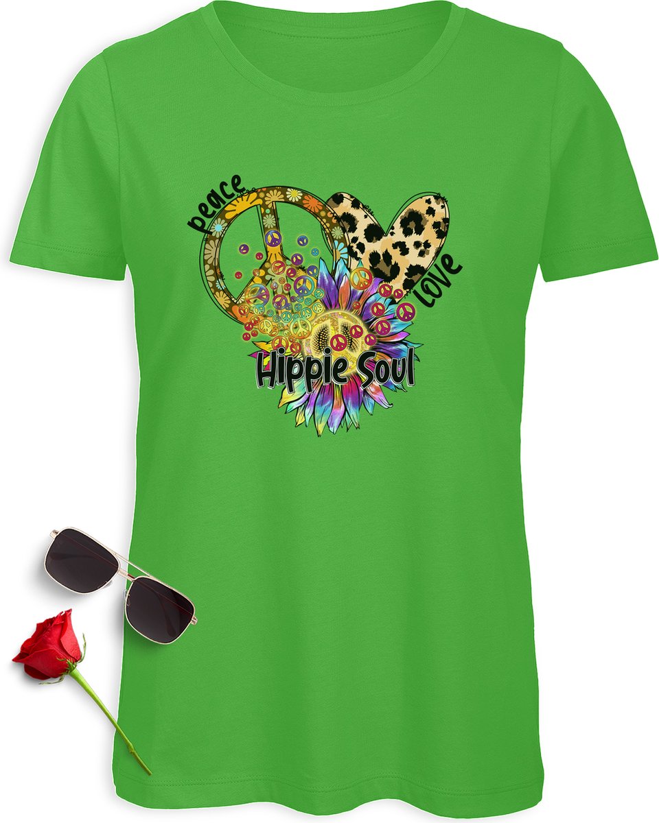 Hippie Soul T Shirt - Peace tshirt dames - Love t-Shirt vrouwen - tshirt met vrolijke print opdruk - Verkrijgbaar in maten: S M L XL XXL - T shirt kleur: Wit en groen (Real Green)