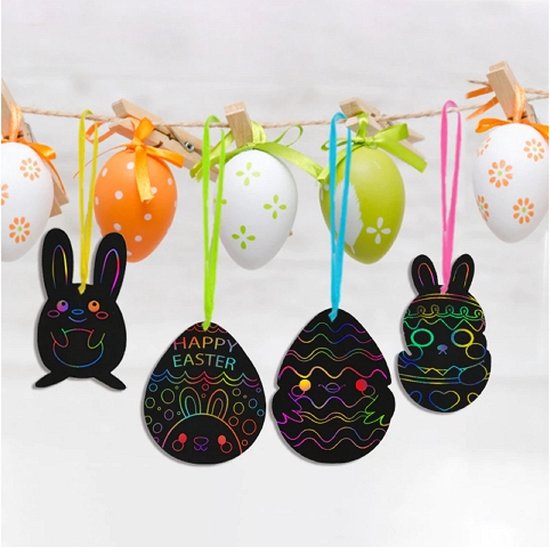 Kraspapier Set Pasen – 12 Regenboog Paaseieren – Met 4 Houten Pennen & Lintjes – Knutselpakket Voor Kinderen – Cadeau & Decoratie