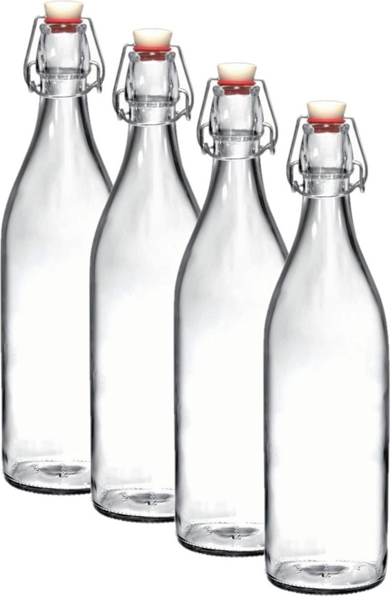 4x Beugelflessen/weckflessen transparant 1 liter rond - Weckflessen - Beugelflessen - Limonadeflessen - Waterflessen - Karaffen
