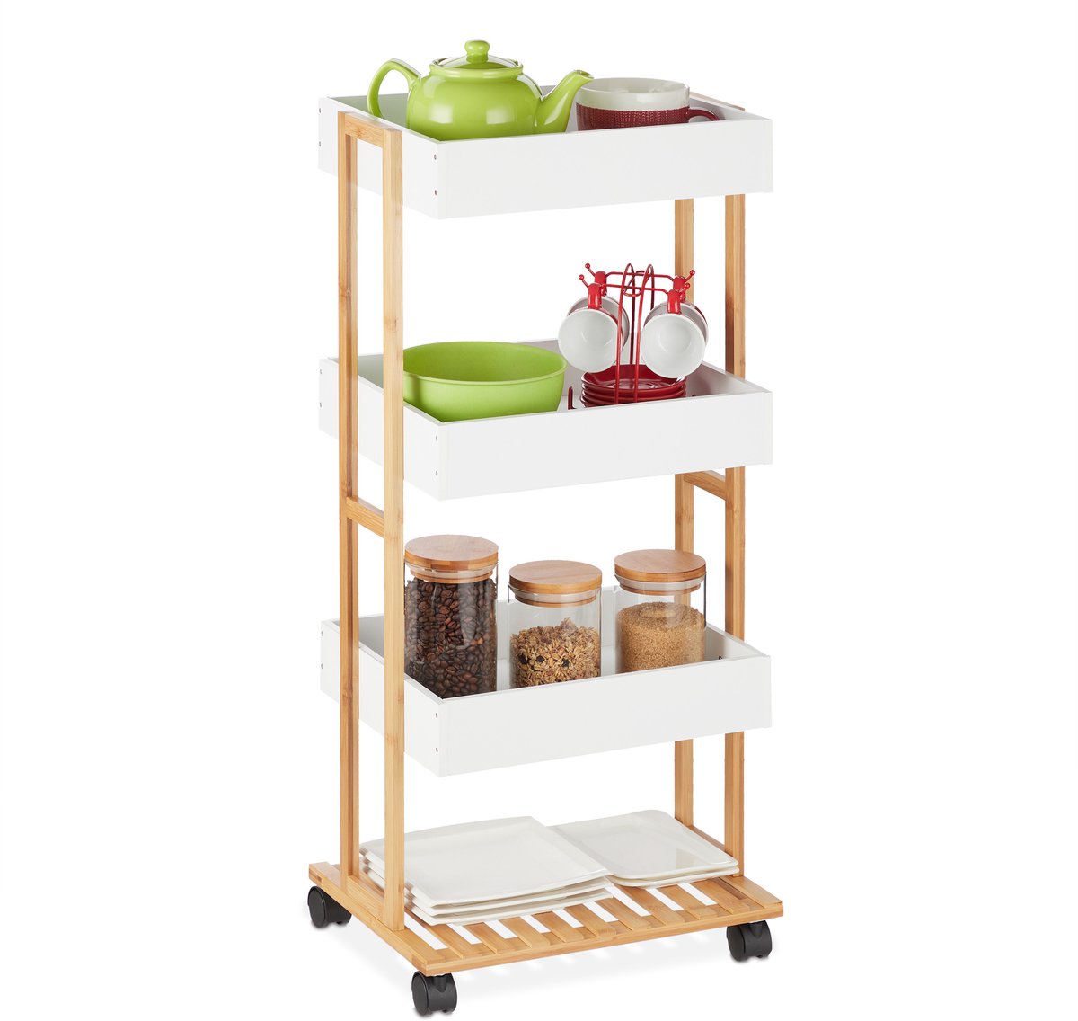 keukentrolley - bamboe - serveerwagen - 4 etages - 88 x 40 x 30 cm - op wielen