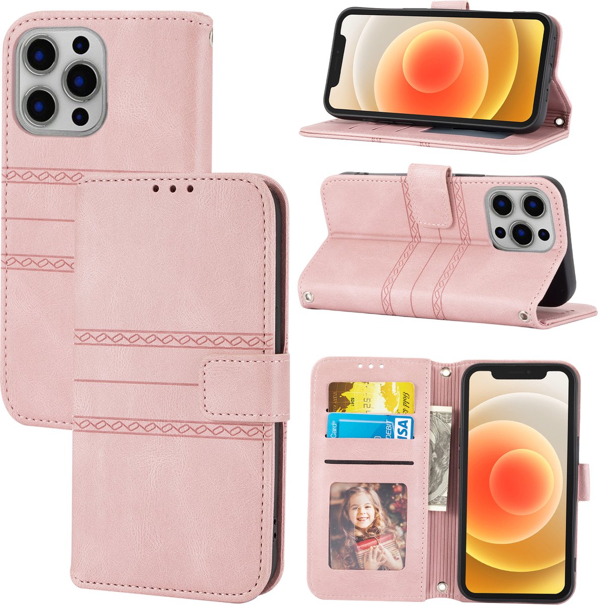 Apple iPhone 13 Telefoonhoesje | PU Leren Bookcase | Pasjeshouder | Tas | Roze