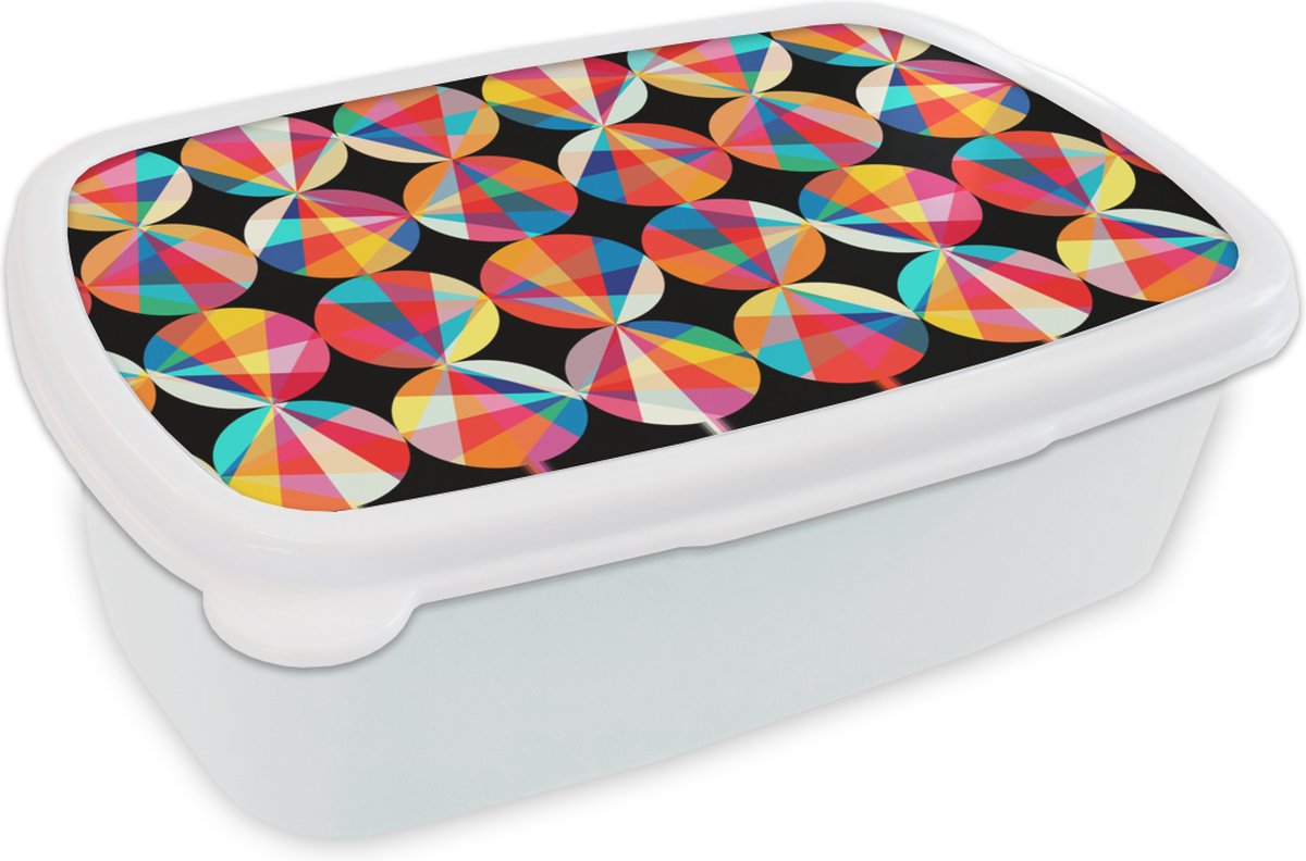 Broodtrommel Wit - Lunchbox - Brooddoos - Regenboog - Cirkels - Patronen - 18x12x6 cm - Volwassenen
