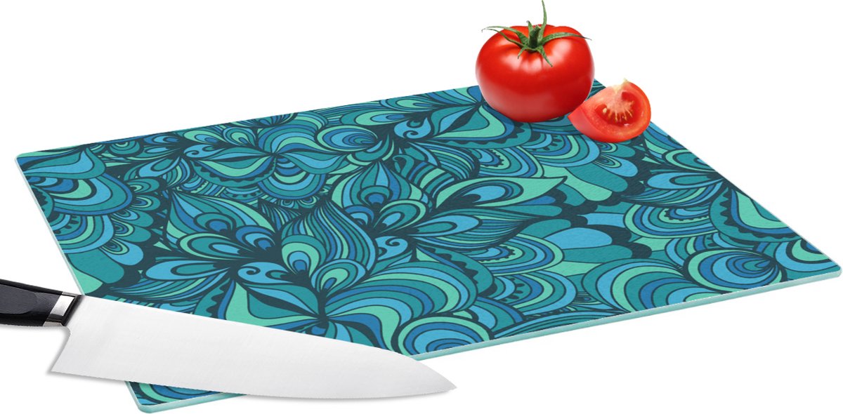 Glazen Snijplank - 39x28 - Design - Vintage - Blauw - Turquoise - Snijplanken Glas