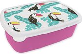 Broodtrommel Roze - Lunchbox - Brooddoos - Patroon - Jungle - Toekan - 18x12x6 cm - Kinderen - Meisje