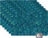 Placemat - Placemats kunststof - Design - Vintage - Blauw - Turquoise - 45x30 cm - 6 stuks - Hittebestendig - Anti-Slip - Onderlegger - Afneembaar