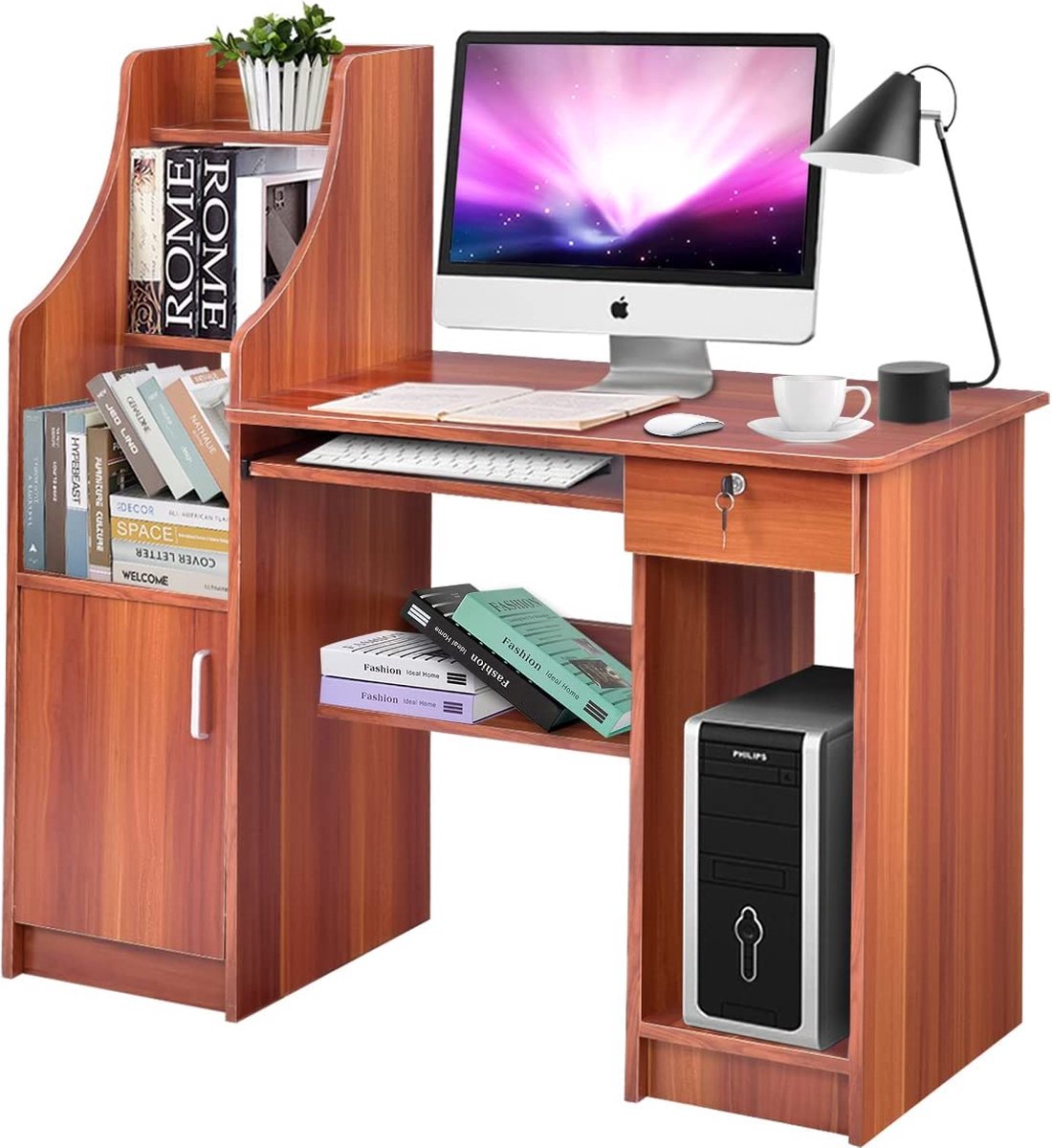TOPQUALITY computerbureau met boekenplank, houten bureau met opbergvakken en kast, modern werkstationbureau met toetsenbordplank, multifunctionele pc-tafel, werktafel voor studiebureau