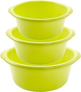 Voordeelset multifunctionele kunststof ronde teiltjes groen in 3-formaten - 6-10-15 liter inhoud