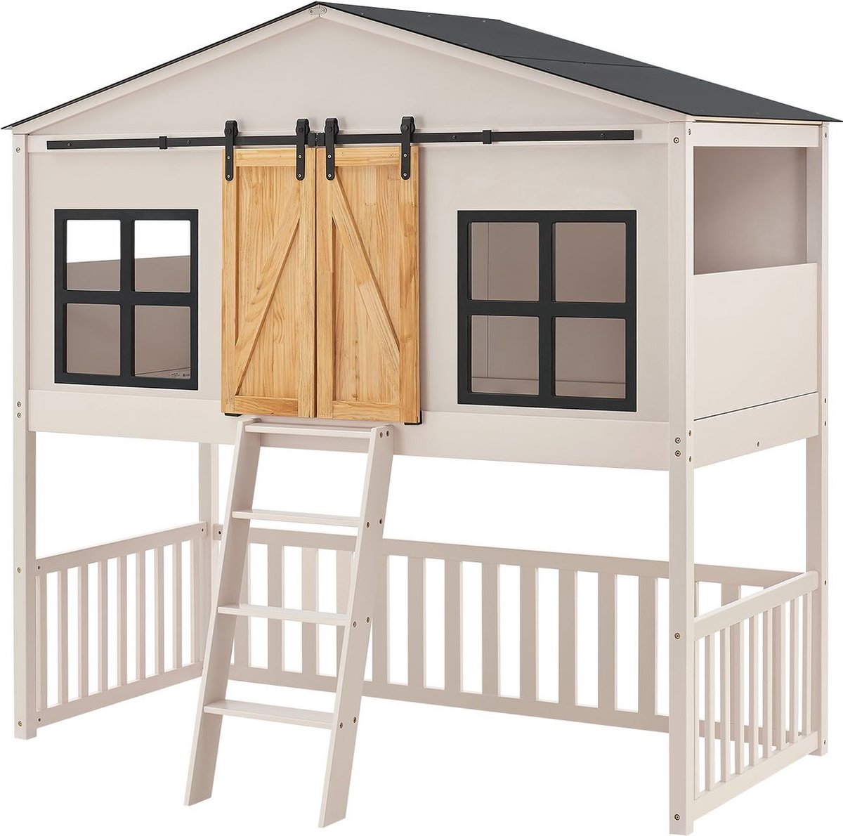 Lit cabane Lit superposé Lit avec marche d'angle Lit avec barre anti-chute  Lit enfant avec fenêtre Cadre en pin blanc 200x90 cm