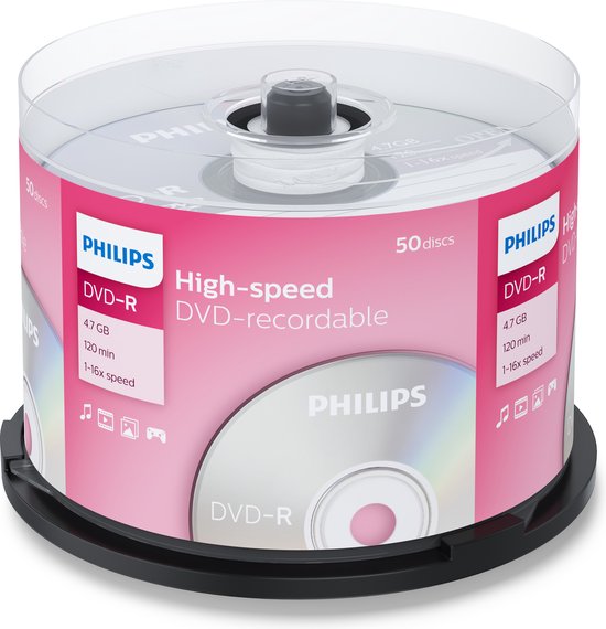 Spil met 50 Philips DVD-R discs. Roze verpakking met witte letters. De discs hebben een zilverkleurige bovenkant.