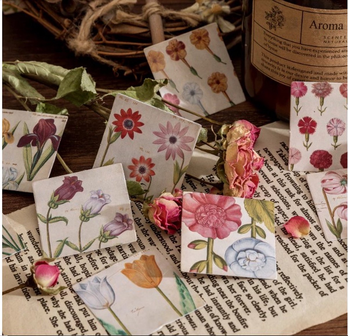46 Stickers Voorjaarsbloemen - E042 - Vierkante Stickers Met Tulpen, Rozen, Lelie's, En Andere Bloemen - Stickerdoosje - Voor Scrapbook Of  Bullet Journal - Agenda Stickers - Decoratie Stickers — afbeelding 2