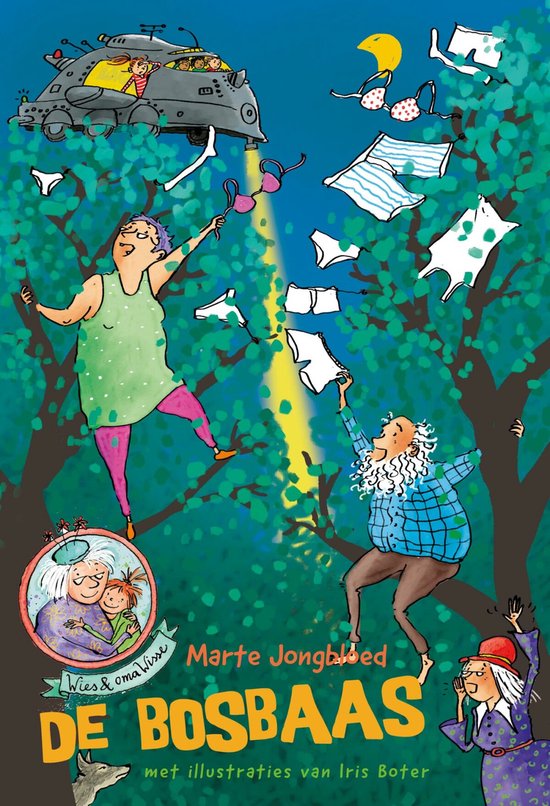 Vrolijke illustratie met kleding die uit de lucht valt, een oma met paars haar en een opa met baard.